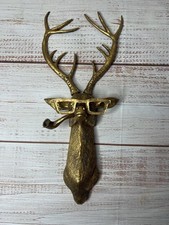 Gold Stag Wall Art Deer Head Ornament With Glasses Pipe Quirky Animal Decor
