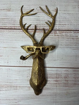 Gold Stag Wall Art Deer Head Ornament With Glasses Pipe Quirky Animal Decor - Image 1 of 4