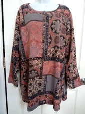 DENIM & CO. Plus Sz 2x Tunic Top 1/2 Button Patchwork Colorful Cotton/Spandex