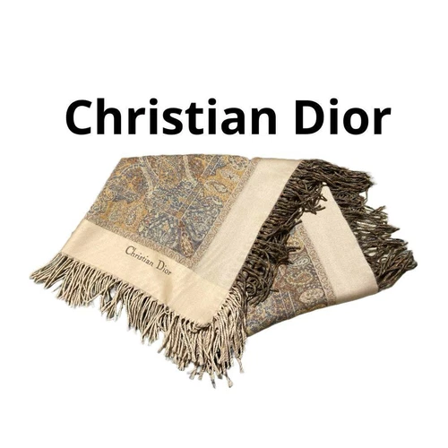 Foulard Christian Dior beige cachemire laine botanique 50,8 x 49,6 pouces vintage