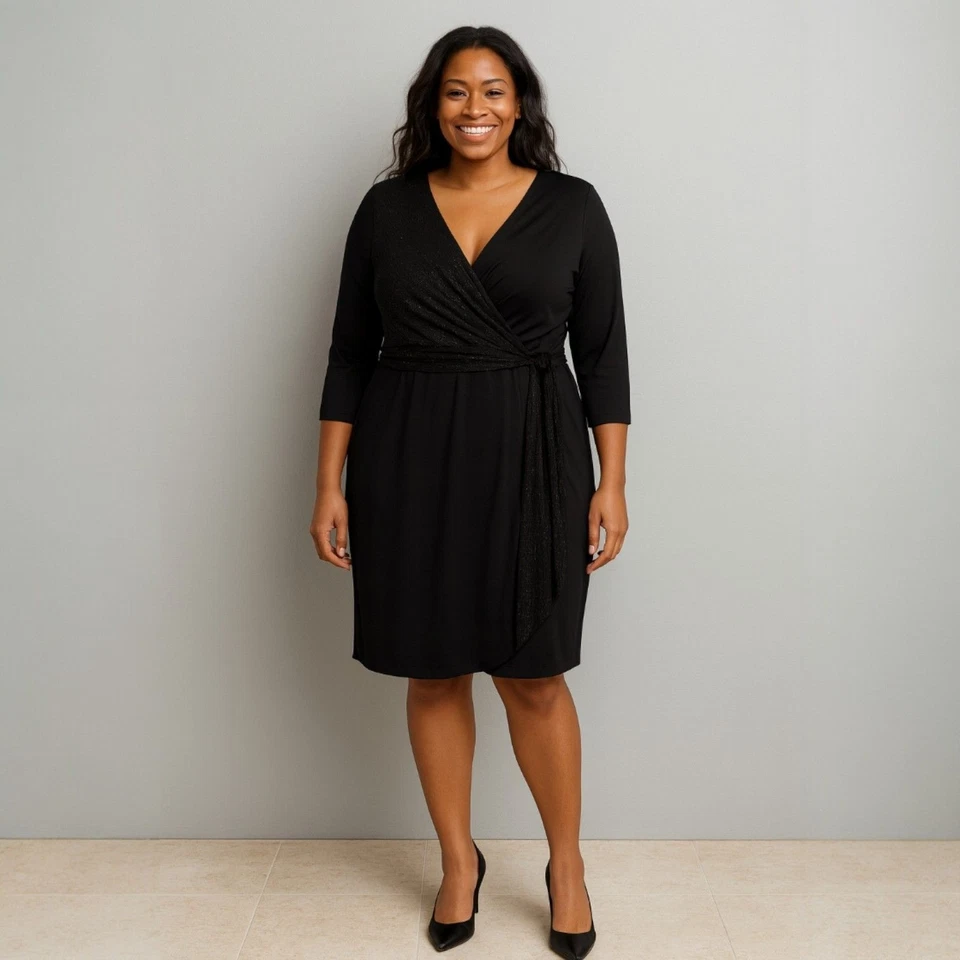 Lane Bryant Black Wrap Dress Size 16 Shimmer Party Cocktail Glam Holiday LBD - Image 2 of 4