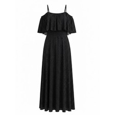 Maxi Vestido Molly Bracken Azul Marino Blanco Lunares Hombro Frío Volantes XS T1202P20