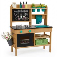 Wooden Mud Kitchen Outdoor Play Set Water Faucet Tank Chalkboard Kids Real Sink
