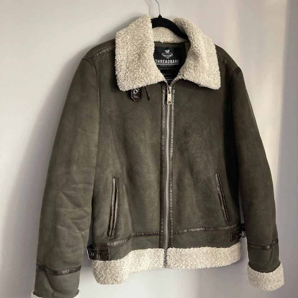 Womens Faux Suede Shearling Jacket Coat Small Aviator Green - Image 2 of 4