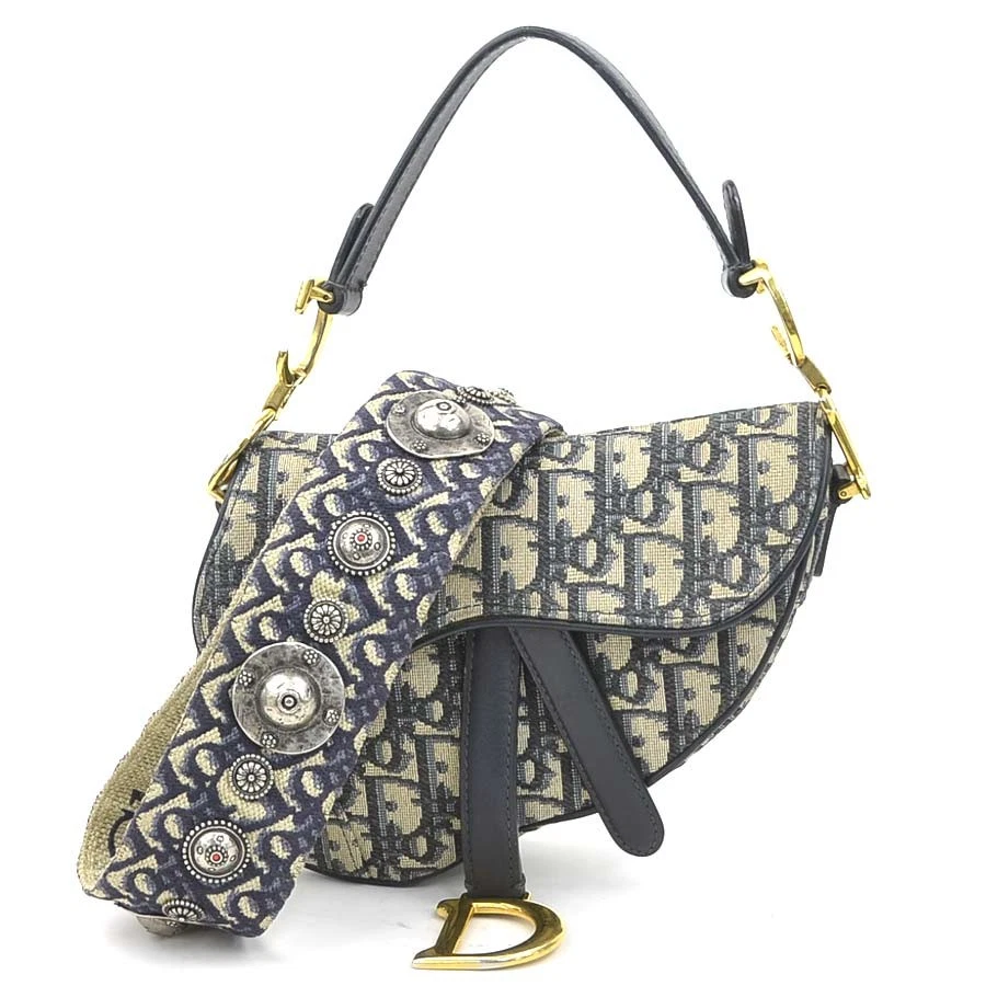 Dior — Auth Christian Dior Saddle Bag Handbag Shoulder Bag Navy Canvas/Leather - 90243a