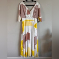 ADOR Vibrant White, Tan and Yellow Maxi Dress with Sleeves and Pcokets