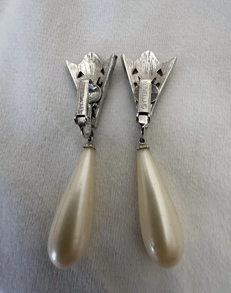 Marvella Faux Pearl & Rhinestone Drop Earrings Silver Tone Leverback - Image 3 of 4