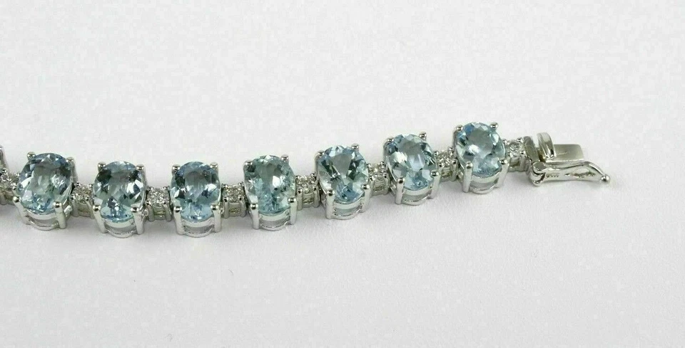 12.30Ct Oval Cut Simulated Blue Aquamarine 925 SIlver White Gold Plated Bracelet - Image 2 of 4