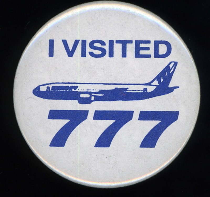 SCARCE BOEING "I VISITED 777"  Pinback button Badge 1.25" diameter