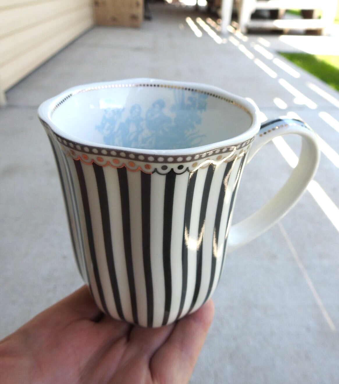 Grace's Teaware White Tea Cup Mug with stripes & Gold Trim 4 3/8