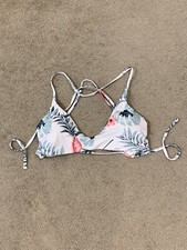 White Tropical Bikini Swimsuit Top Womens size Large Adjustable Lace Up Back
