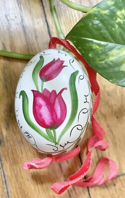 Pink Tulips Easter Egg Ornament Poland Vintage Christmas Hand Painted W/ Box
