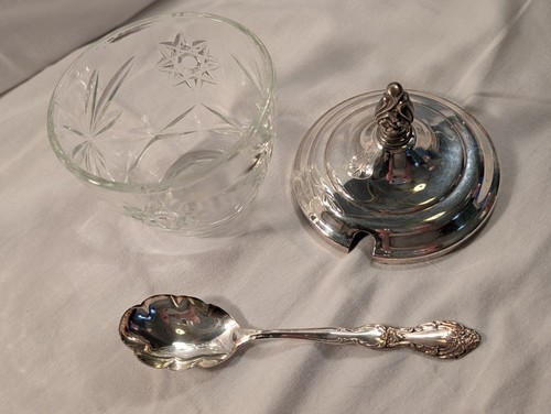 Vtg Anchor Hocking Sugar Bowl w/Silver Plate Lid & Spoon Star Of David Prescott - Picture 7 of 23