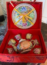 Porcelain Tea Set Original Silk Box Bone Bisque China Tea Cup Sake Chinese Gold