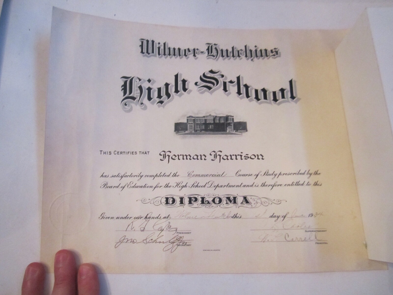 1934 WILMER HUTCHINS HIGH SCHOOL DIPLOMA WD eBay