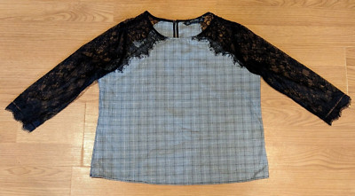 Zara Basic Top Cropped Checked Plaid Lace 3/4-Sleeve -  L