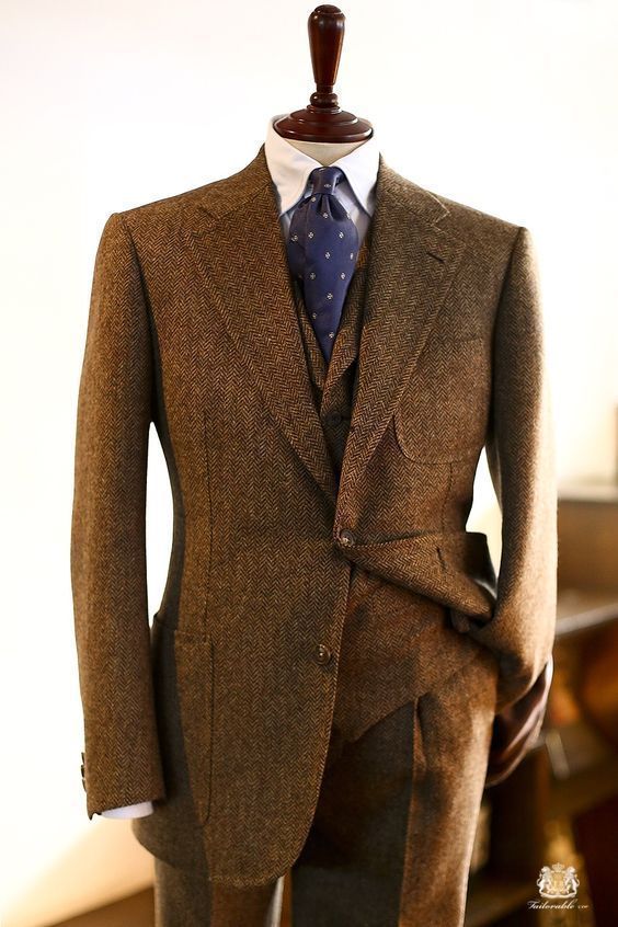 Wool Blend Mens Brown Herringbone Tweed Vintage Suit Groom