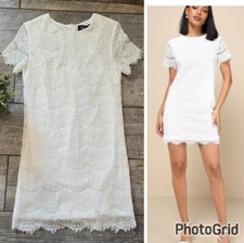 Lulus Ivory Take Me to Brunch Lace Shift Short-Sleeved Mini-Dress, Size Small