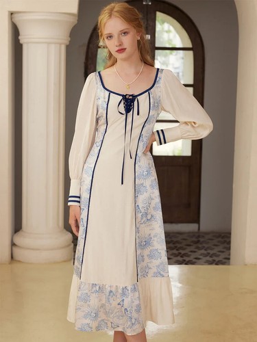 Violet Square Neck Paneled Lantern Sleeve Printed Dress Size Small - Picture 3 of 8