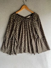 Loft Blouse Womens Large Peacock Feather Print Bell Sleeve Hippie