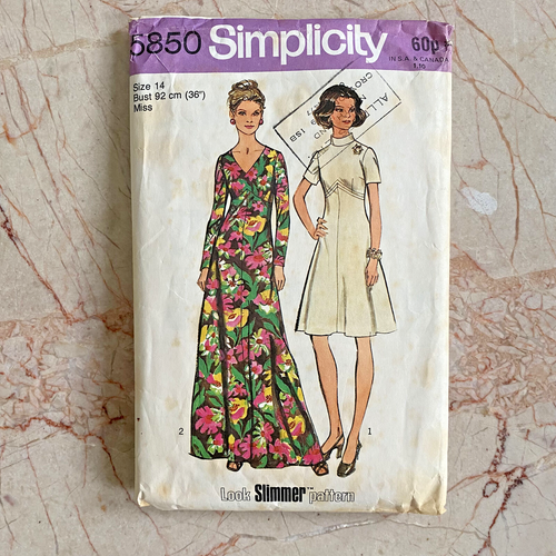 Simplicity 5850, 70s Dress, Sz 14/36, Vintage Sewing Pattern, Cut & COMPLETE