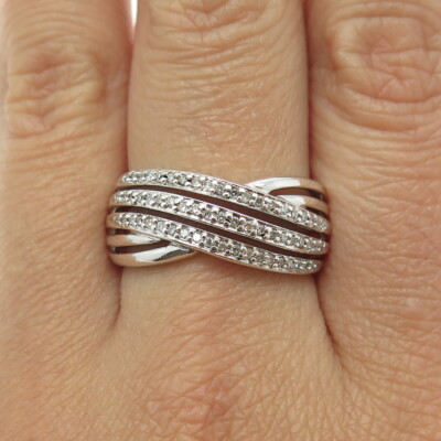 KN Kajal Naina Sterling Silver Real Round-Cut Diamond Crisscross Ring Size 9.25