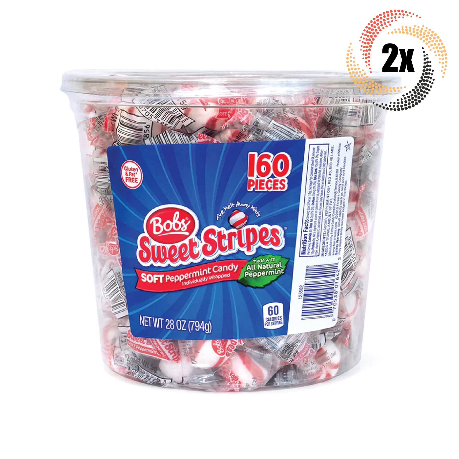 2x Jars Bobs Sweet Stripes Soft Peppermint Candy | 160 Pieces Per Jar | 2LB
