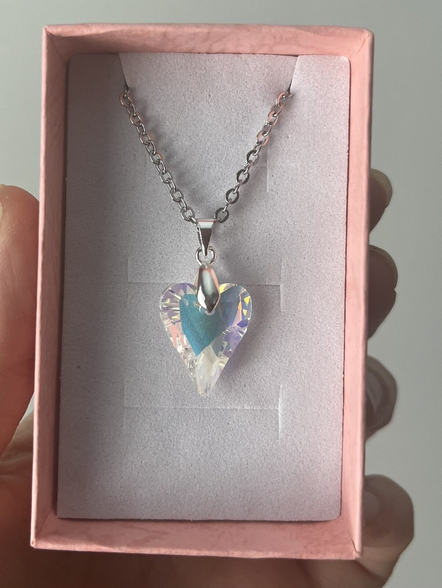 Silver Women Necklace Made With Swarovski Crystal Aurora Borealis AB Heart