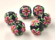 10pcs exquisite handmade Lampwork glass beads Pink Flower on Black round 12mm