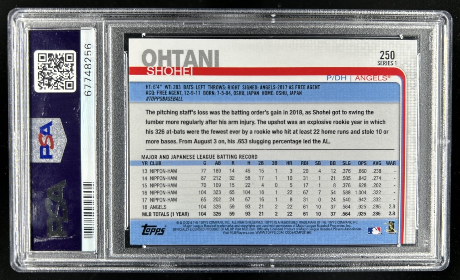 2019 Topps Shohei Ohtani Super Rookie SP All-Star VAR #250b Angels PSA 10 view 2