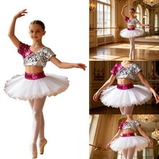 Kids Girls Dancewear Ballet Costume Crop Top Outfit Stage Set Ballroom Sequin
