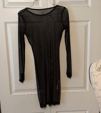 Forever 21 Black Sheer Mesh Round Neck Long Sleeve Bodycon Midi Dress Stretch S