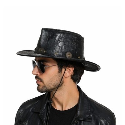 Men's Black Crocodile Texture Leather Cowboy Hat – Wide Brim