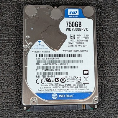 Western Digital Scorpio Blue 750GB 2.5'' SATA Hard Drive - WD7500BPVX - TESTED