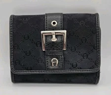 Etienne Aigner Trifold Wallet Leather Jacguard Logo A Cardholder Black VTG