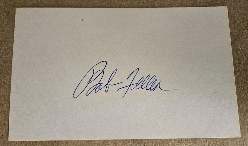 Bob Feller Signed Autograph 3x5 Index Card W/H.O.F. Photo