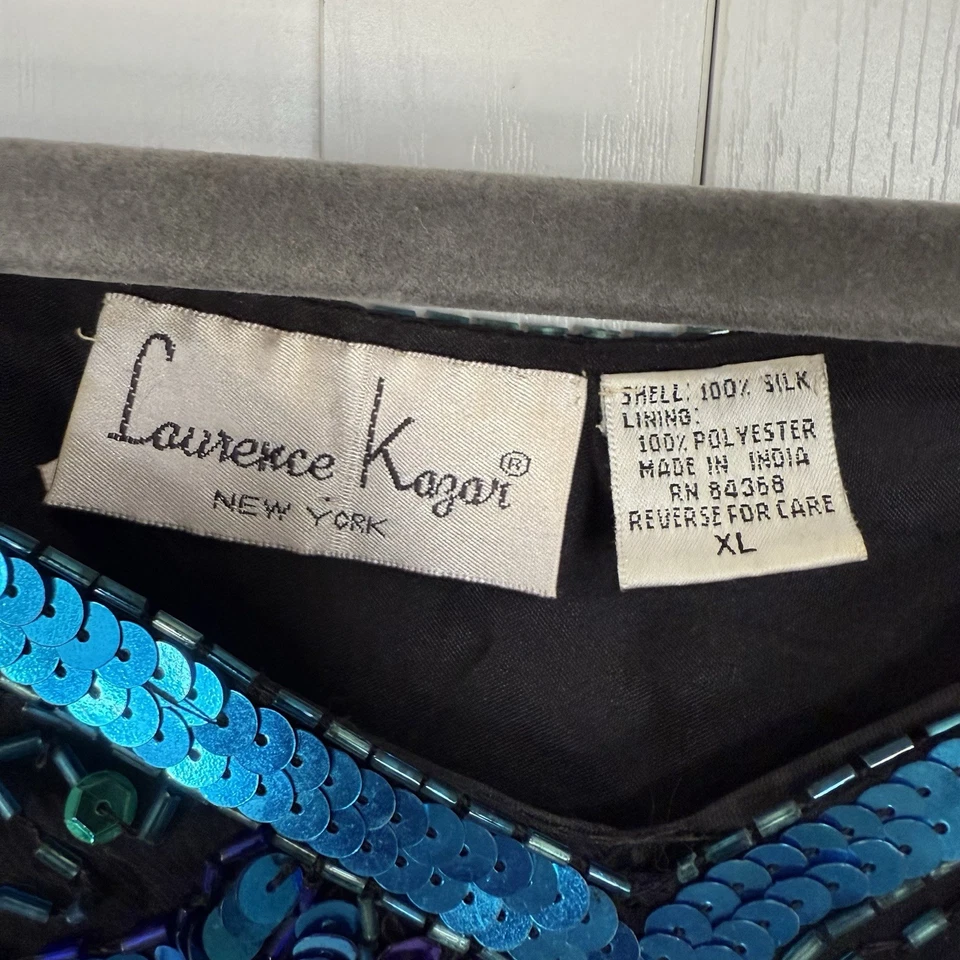Blusa vintage Laurence Kazar XL seda lentejuelas cuentas negro azul púrpura años 80 Foto 2 de 4