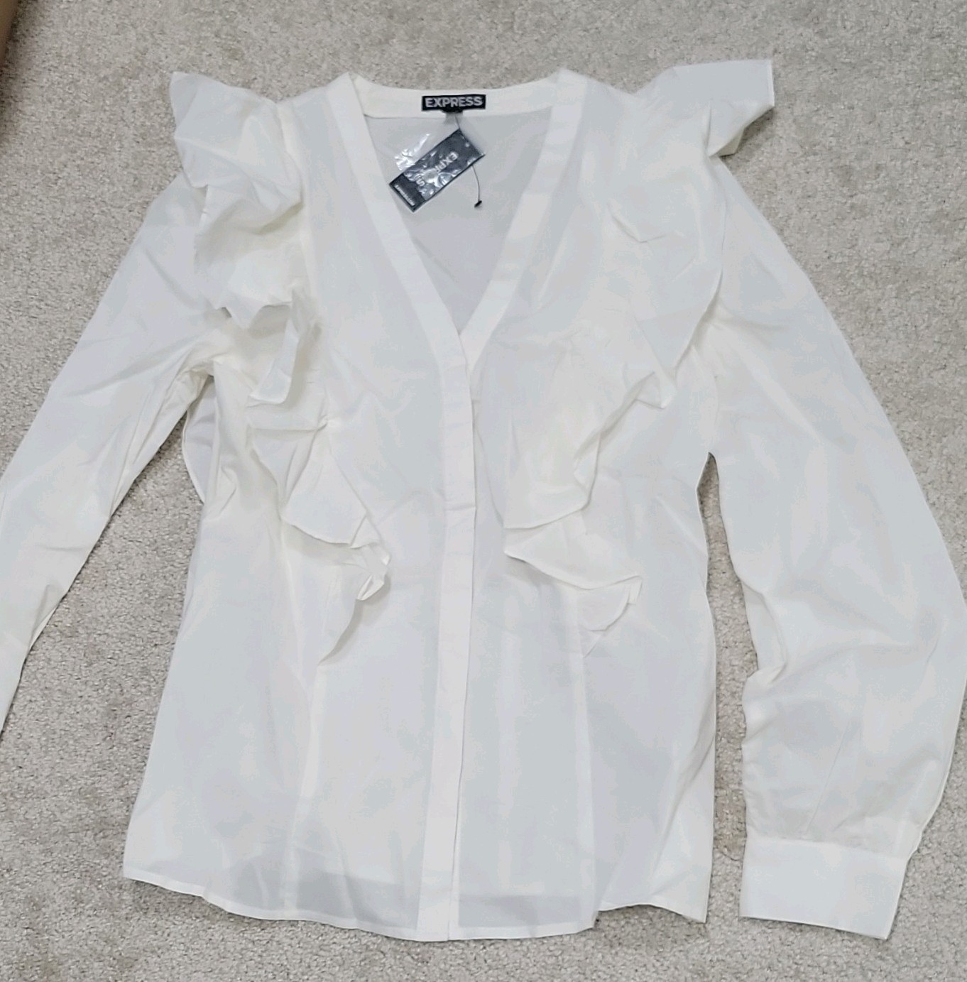 Express Women's White Ruffle Button V-Neck Long Sleeve Solid Top XS Regular