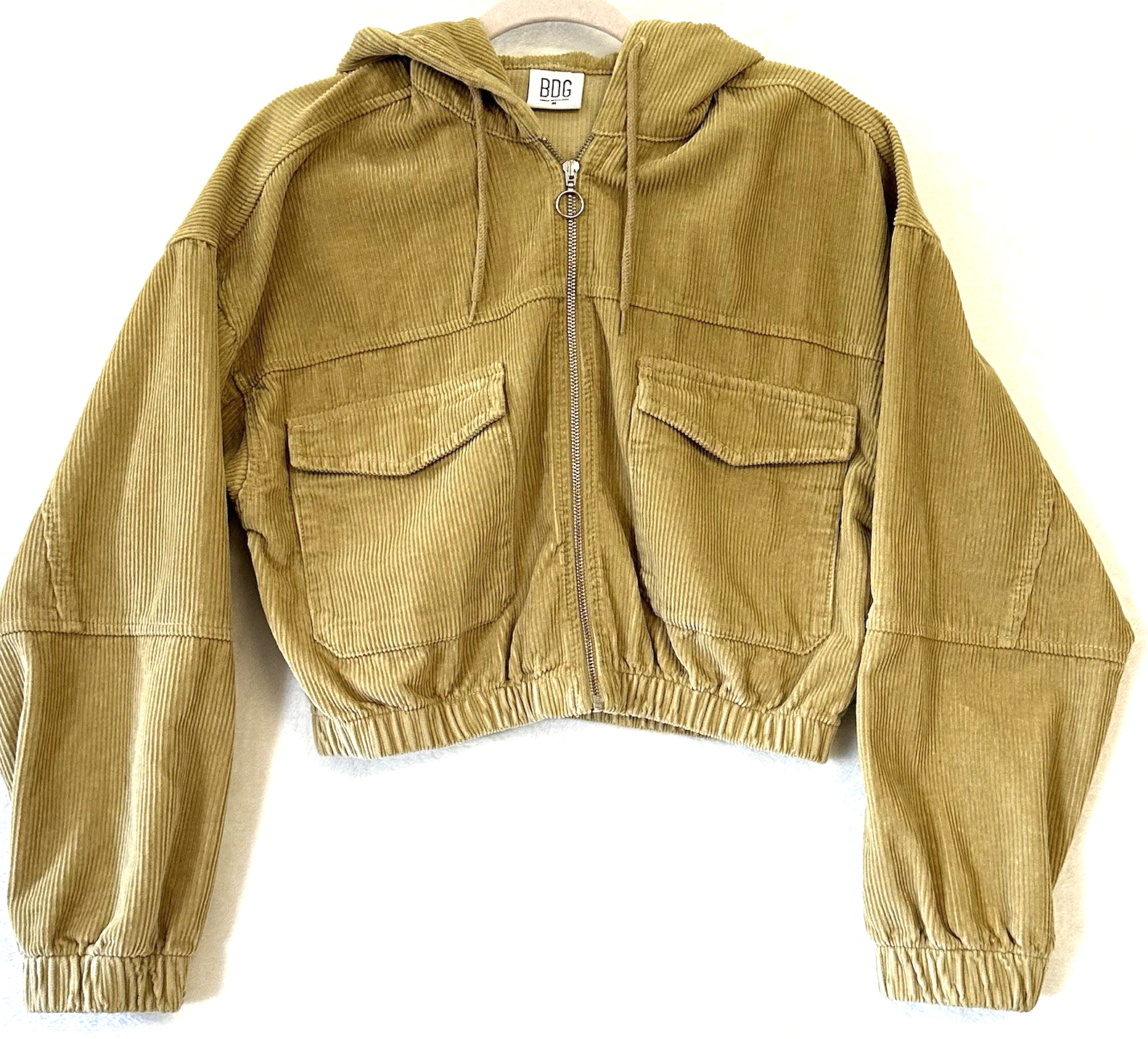 Urban Outfitters BDG Tan Corduroy Patch Pocket Hoodie Cropped Bomber Jacket Med