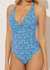 Bleu Rod Beattie St. Tropez Plunge Halter One Piece Swimsuit Blue Pink 10 NWT