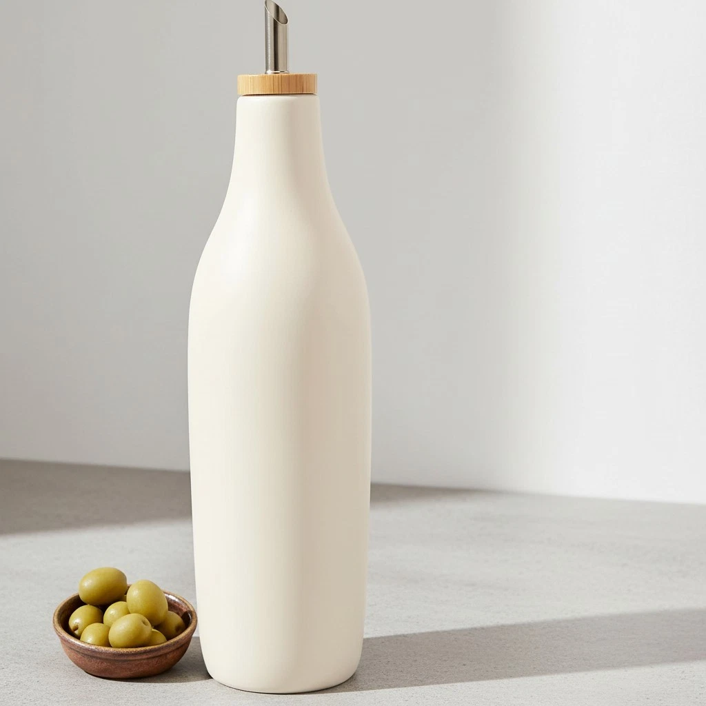 Ceramic Oil Dispenser 16oz Kitchen Bottle with Bamboo Cap for EVOO Vinegar