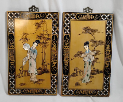 Vintage Asian Wall Art Wood Black And Gold Geisha Girl Panel Plaque 2 PC Set 12''