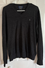 Polo Ralph Lauren Mens Charcoal Gray Washable Merino Wool V-Neck Sweater Medium