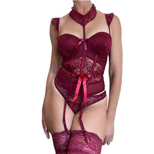 Burgundy Push Up Corset Bustier Garter Set with Choker and Stockings Lingerie