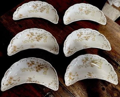 1910 Alcock England Crescent Bone Dishes Gold Floral Antique Relish Bowls Set 6
