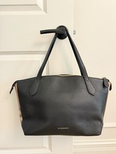 BURBERRY Medium Derby House Check Welburn Black Leather Tote Plaid Laptop Purse