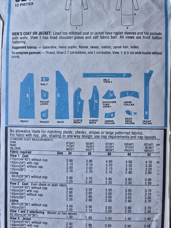 1980s Mens Saddle Shoulder Overcoat Coat Style 3213 Sewing Pattern - Image 3 of 3