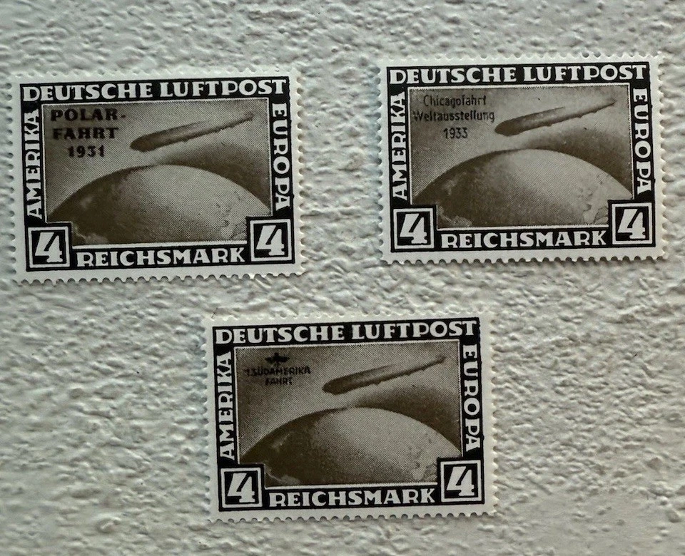 Zeppelin Airmail Stamps Set of 8 Deutsche Luftpost Reprints Immaculate Unused - Image 4 of 4