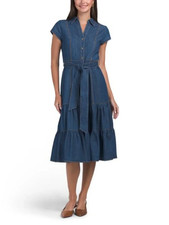 ELIE TAHARI DARK DENIM CUP SLEEVE RUFFLE BELTED MIDI DRESS SIZE 4 $325
