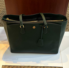 Tory Burch Robinson Pine Zip Top Tote Bag Gold Hardware Logo Double Handles